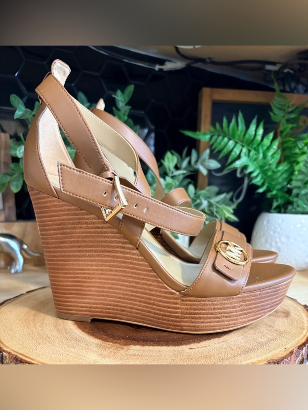 Michael Kors Cognac Leather Platform Wedge Sandals